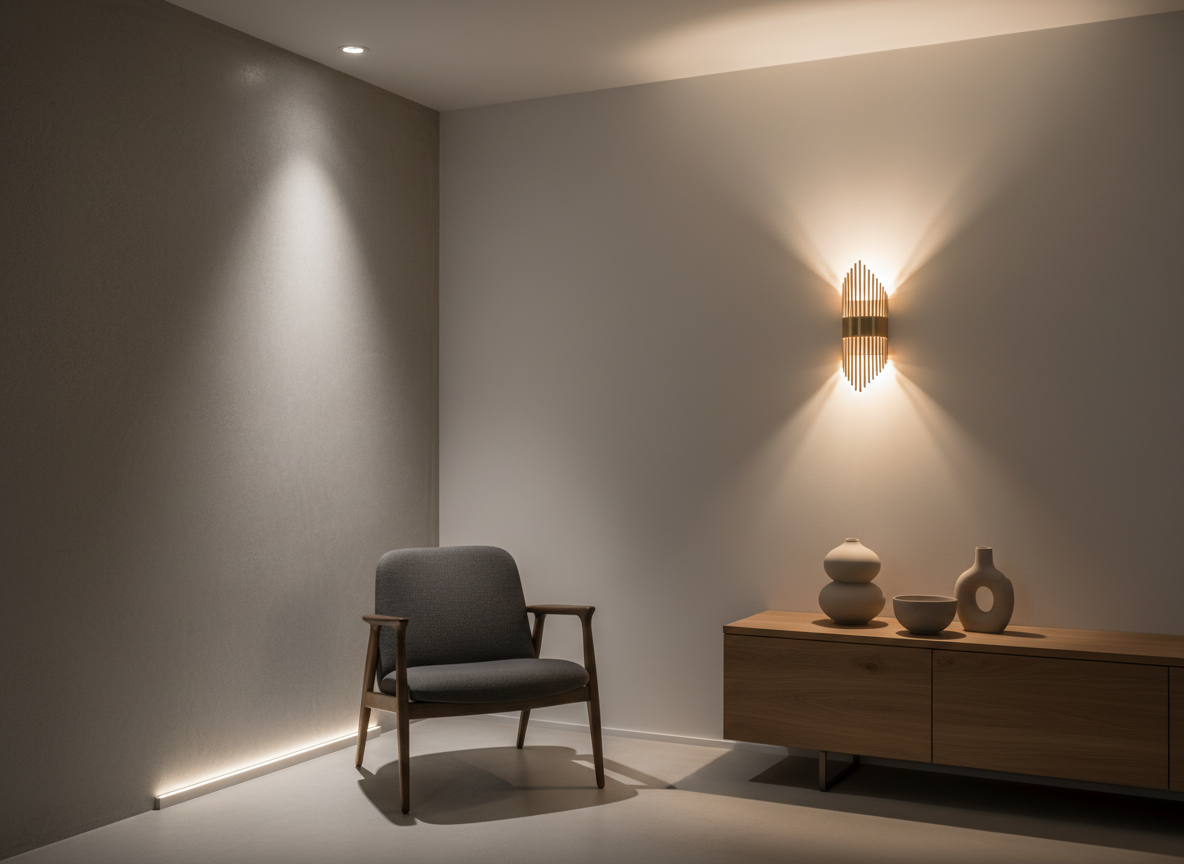 A luxurious residential living room corner carefully lit to demonstrate layered lighting design: a slim floor washer softly grazing a textured concrete wall, a recessed ceiling downlight creating a focused pool on an accent chair silhouette, and a warm decorative wall sconce in brushed brass casting an elegant glow. The space features a low-profile sideboard in natural oak and a few sculptural ceramic objects, all illuminated to reveal their forms without overpowering the scene. The main ambient light is subtle and indirect, with accent lights providing contrast and depth. Photographic realism, shot at eye level using the rule of thirds, with a calm, intimate, and sophisticated mood that showcases the consultative approach from concept to final atmosphere.