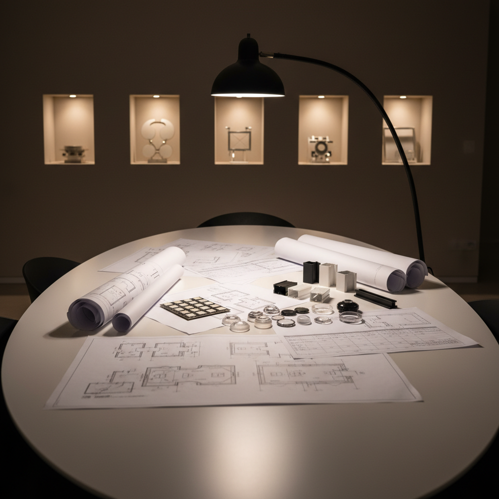 A sleek, minimalist meeting table in a modern lighting consultancy studio, covered with neatly arranged architectural lighting plans, reflected ceiling layouts, and material samples. Detailed drawings show circuits and fixture icons, alongside sample LED modules, small aluminum profiles, and lens options in clear and frosted finishes. A large, matte-black adjustable task light arcs over the table, providing focused, warm-white illumination that highlights the textures of paper and metal while leaving the surroundings in softer shadow. The setting includes a neutral-toned wall with a few backlit sample niches in the blurred background. Photographic realism, shot from a slightly elevated angle with shallow depth of field, creating a calm, professional atmosphere that emphasizes precision, planning, and conceptualization in lighting design.